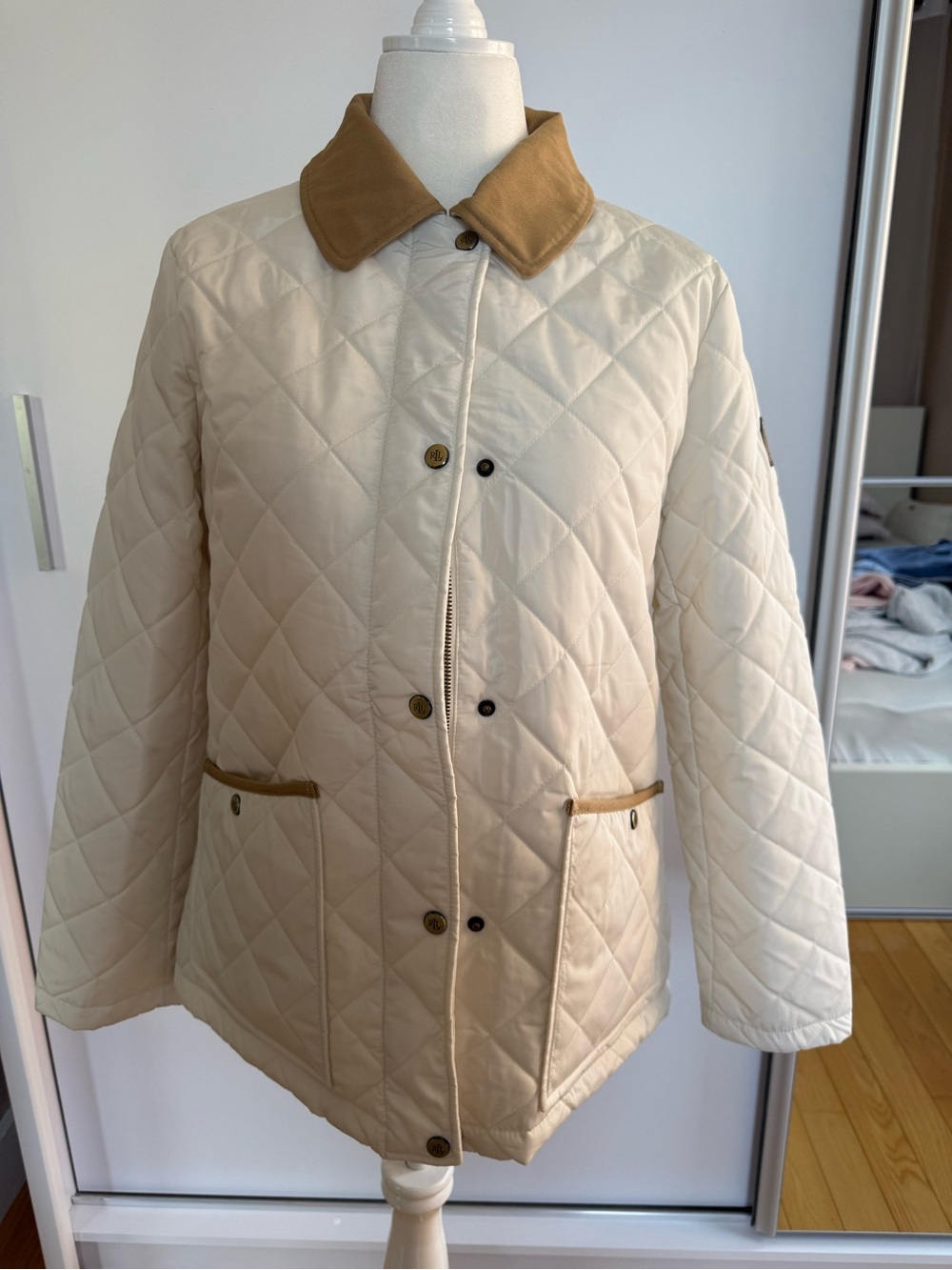 Ralph Lauren Cream Quilted Puffer Jacket with Tan Collar